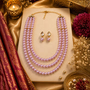 Rose Pink Triple Layer Pearl Necklace Set